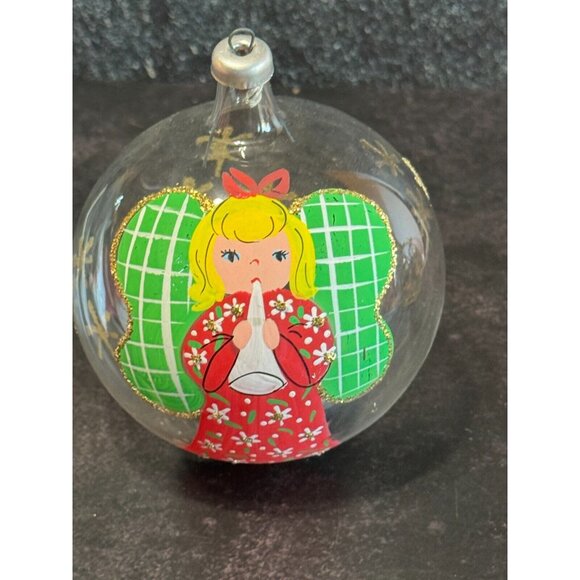 Vintage Soffieria De Carlini Italy Painted Angel Playing Trumpet Glass Ornament - Picture 2 of 6